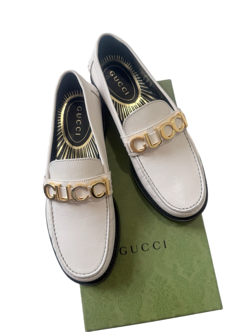NIB Gucci Mistique Women's White Leather Logo Loafers size 6.5